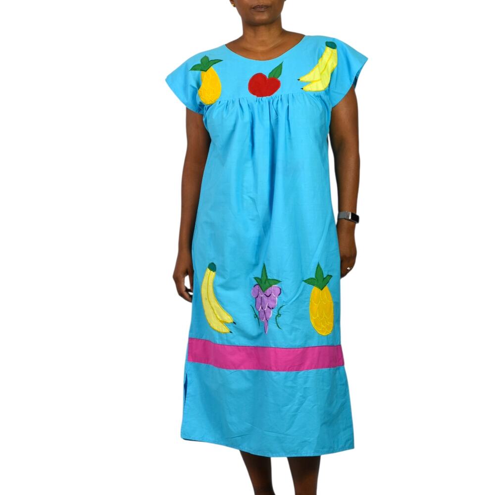 Vintage Handmade Fruit Applique Dress Blue Midi Patio House Sack Muumuu Medium